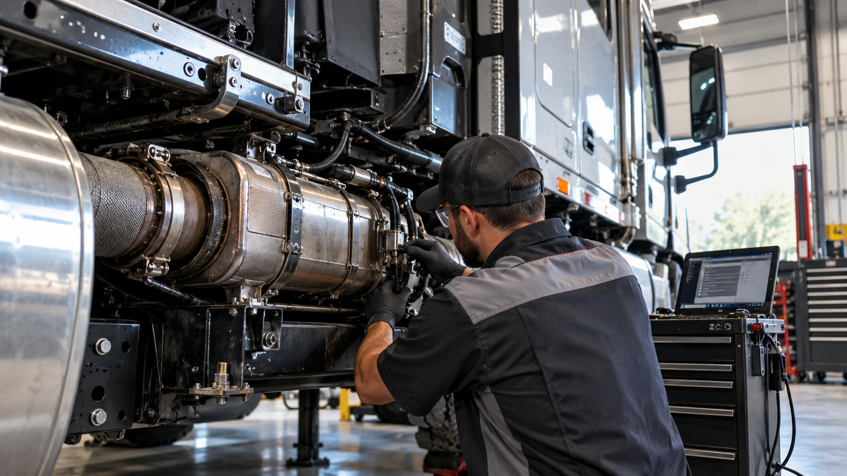 Technician diagnosing the DPF and aftertreatment system on a semi truck